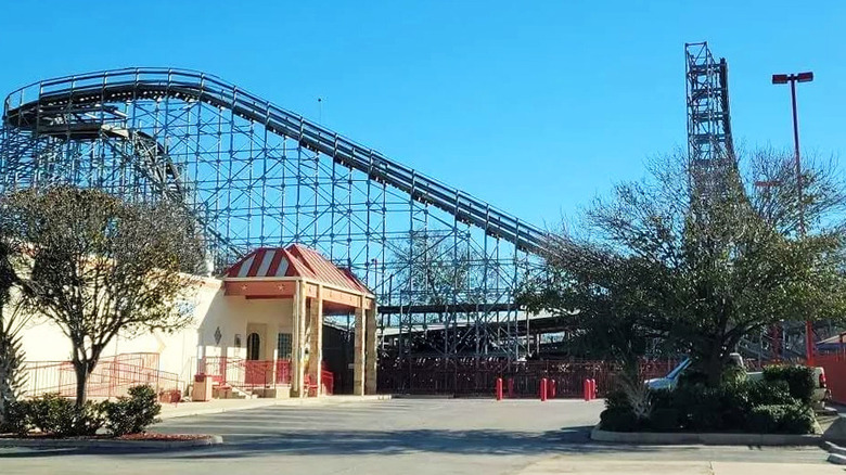 The parking lot in front of a roller coaster at ZDT's Amusement Park in Seguin, Texas.