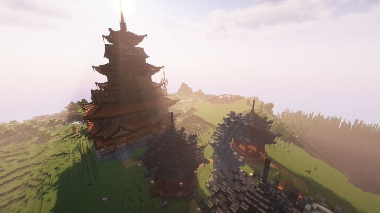 A pagoda built in Minecraft.