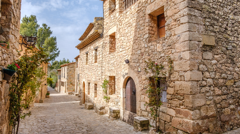 A cobblestone street lined with stone houses