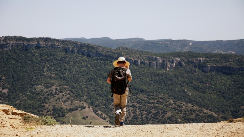 A man with a backpack walking a path with mountains in the background