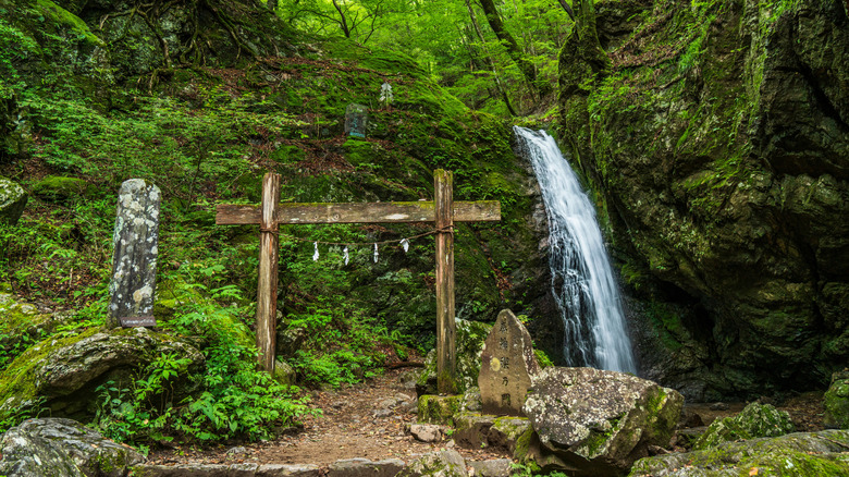 A waterfall and prayer gate on Mount Mitake, Japan.