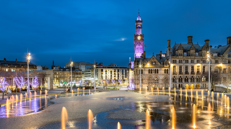 Mirror pool in front of Bradford City Hall at night