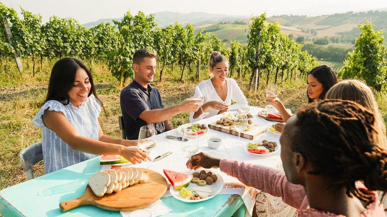 A group of people sitting at a table surrounded by vineayards raise their glasses in a toast