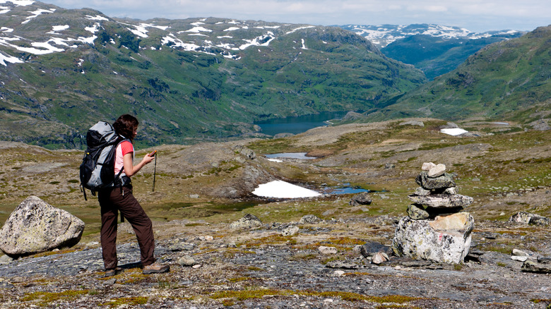 backpacker high in alpine tundra gazing at GPS
