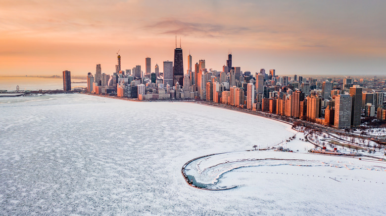 Ariel view of snowy Chicago 