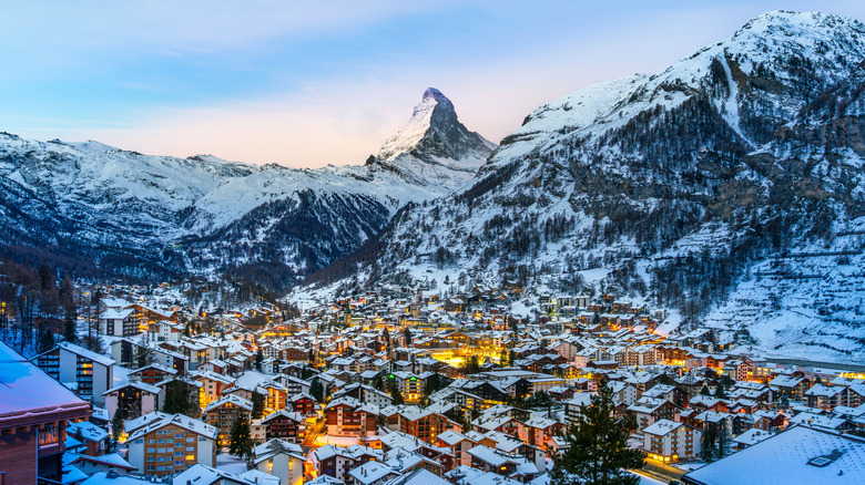Winter view of village among mountains