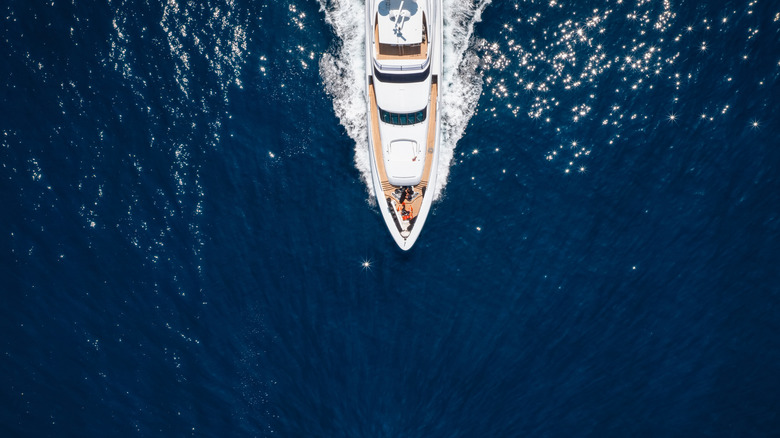 Aerial view of cruise ship on open water