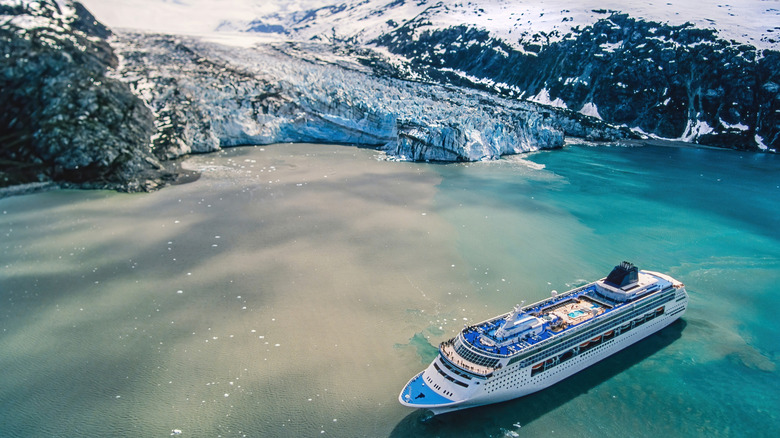 a cruise ship sailing through the Tracy Arm Fjord in Alaska