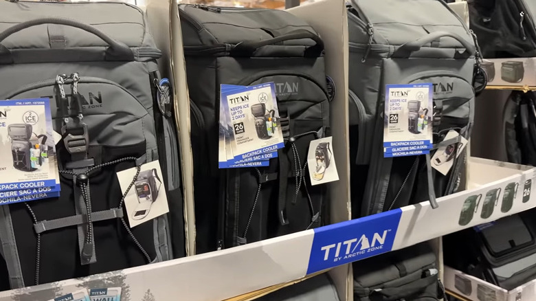Titan cooler backpacks on display at Costco.