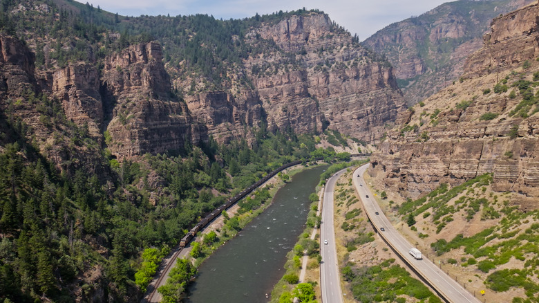 Aerial shot of Glenwood Canyon in Western Colorado on a sunny day in summer