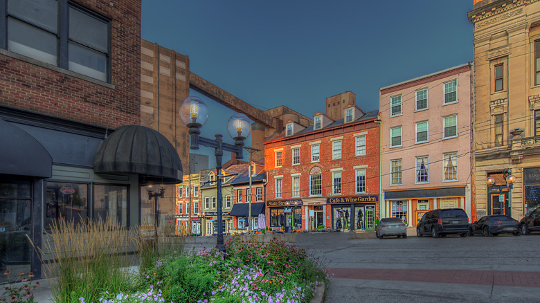 A downtown with old colorful buildings