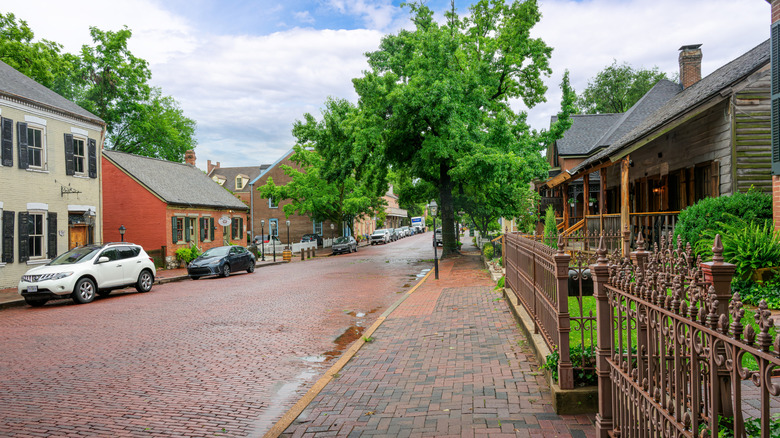 19th-Century buildings along the brick paved street at St. Charles Missouri