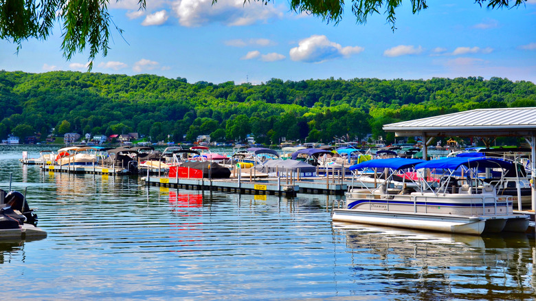 Summer scene of the harbor on Keuka Lake with many boats at Penn Yan