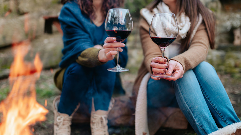 Campers with wine glasses by fire