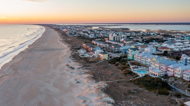 Aerial View of Atlantic Beach North Carolina looking south at sunset