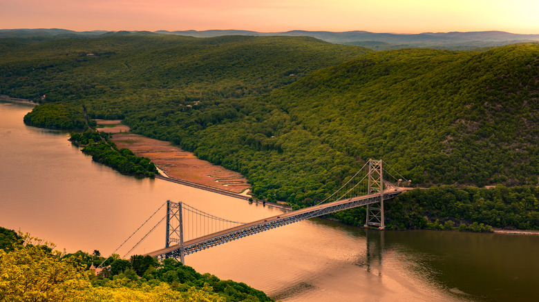 the Bear Mountain Bridge crossing the Hudson River into Bear Mountain State Park in the Hudson Valley of New York