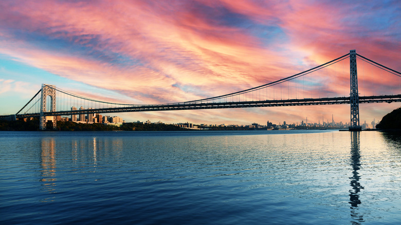 the George Washington Bridge with the New York City skyline in the background from Fort Lee Historic Park, where the Palisades Scenic Byway begins in New Jersey