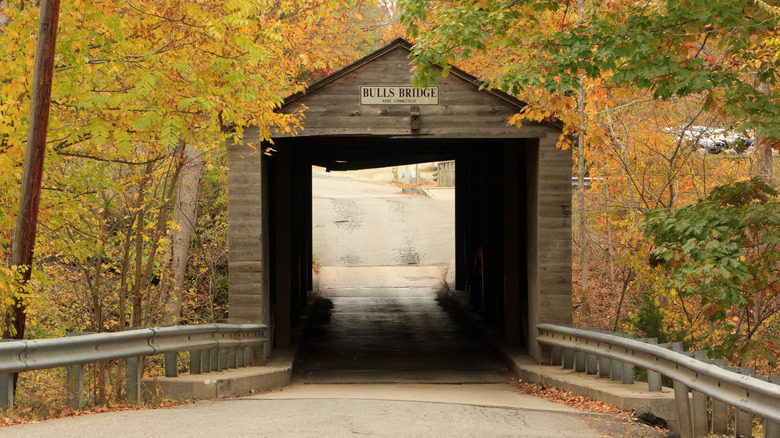 the historic covered Bulls Bridge over the Housatonic River in Kent, Connecticut