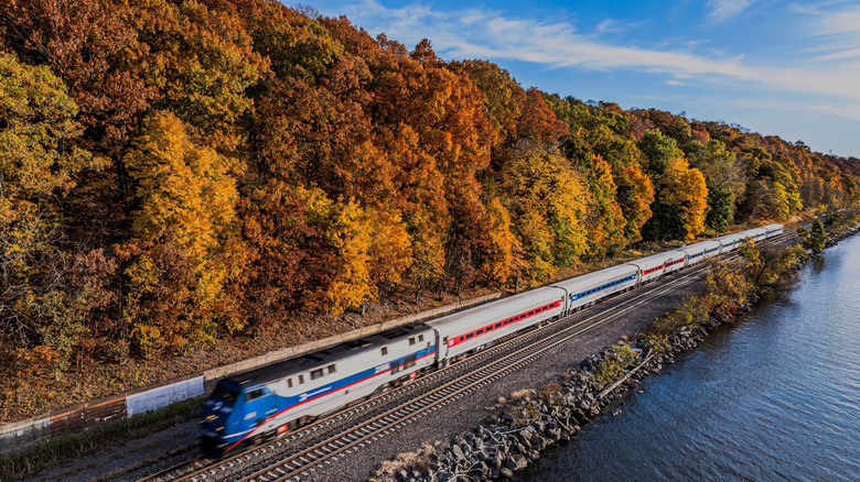 Amtrak train fall colors Hudson River