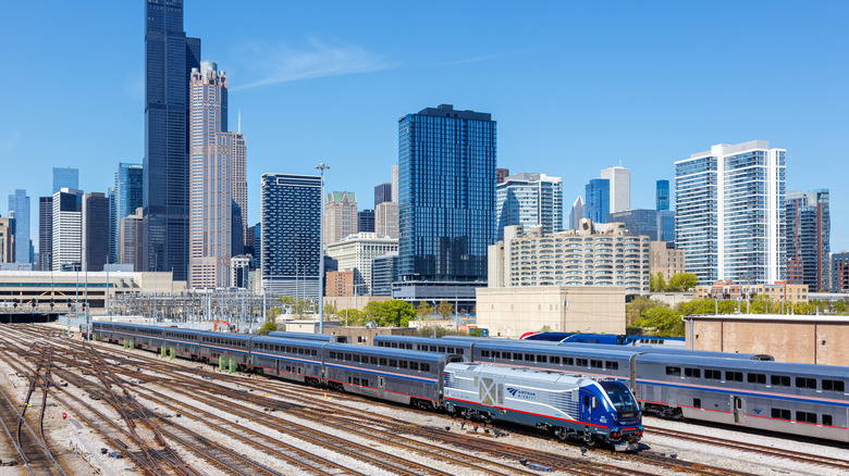 Amtrak trains Chicago skyline blue sky