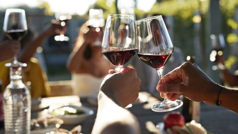 Friends clinking their glasses of wine together in celebration