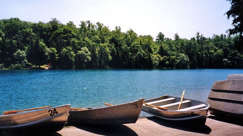 Row boats near the water in Green Lakes State Park in Fayetteville in Upstate New York