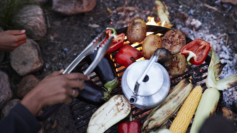 Traveler grilling vegetables at campsite