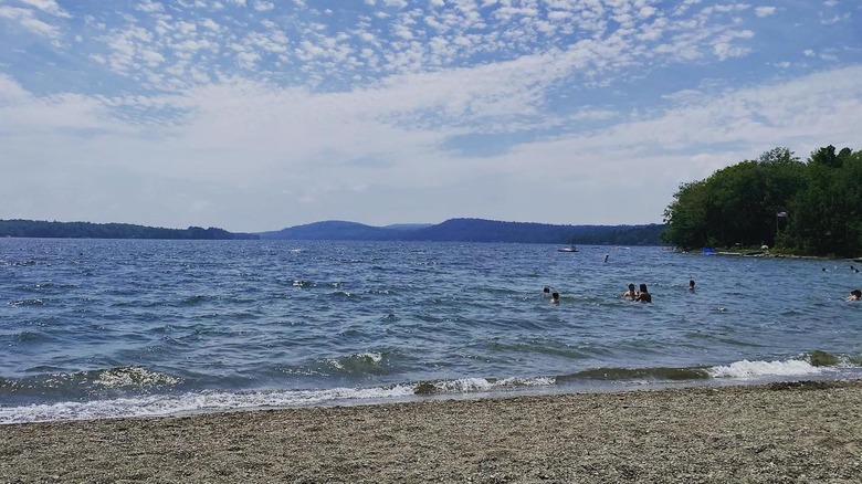 Lake swimmers near rustic beach