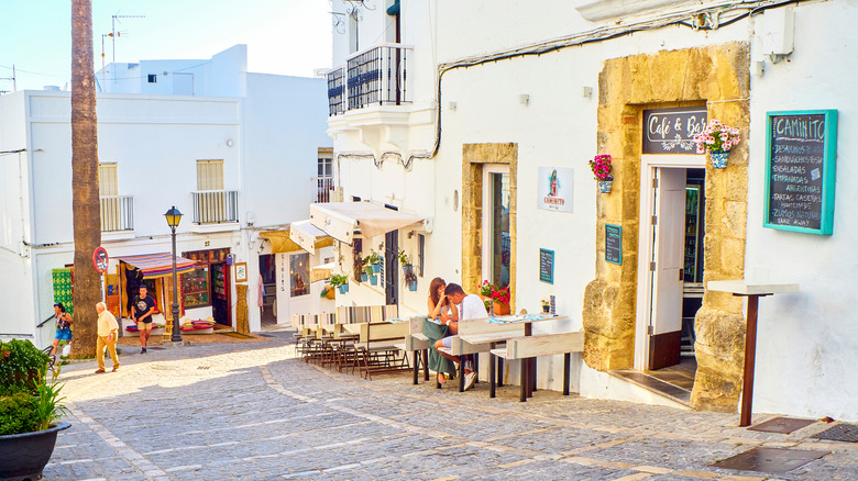 Tables on the street outside a restaurant in Vejer de la Frontera