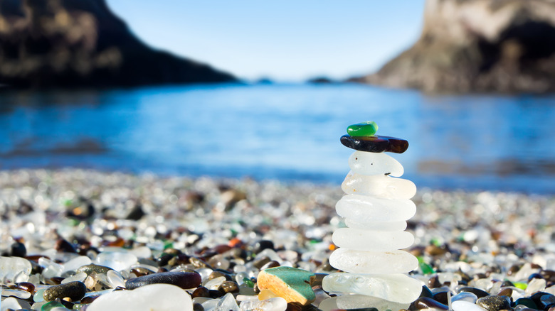 a pyramid of colorful sea glass on Glass Beach in Fort Bragg, California
