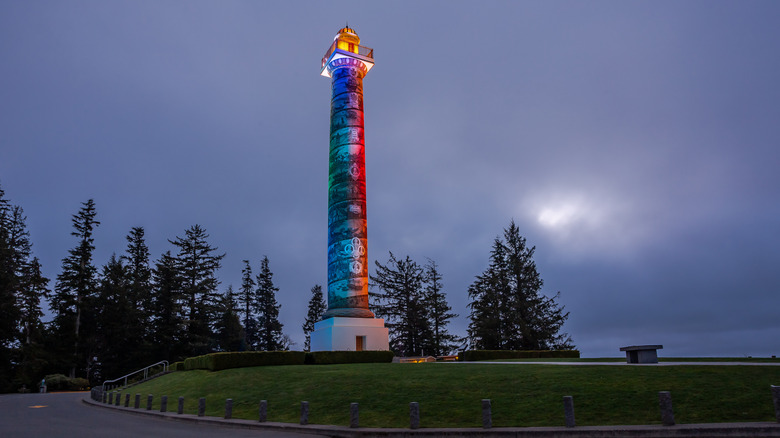Astoria, Oregon, the famous Astoria Column Park in twilight
