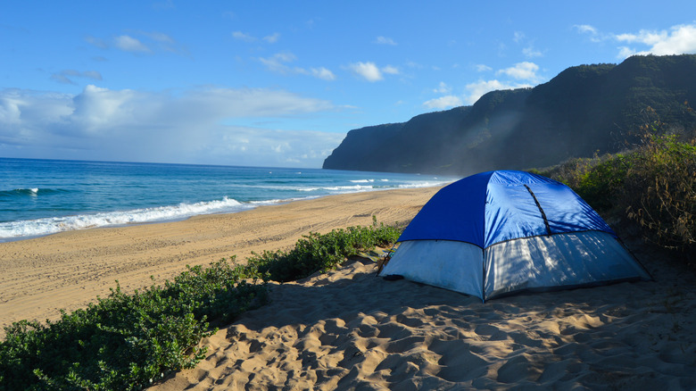 A tent pitched on Polihale beach in Kauai