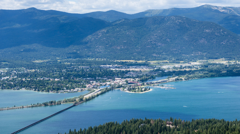 an aerial view of Sandpoint on the shore of Lake Pend Oreille in Idaho