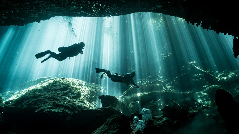 Scuba divers swimming through beams of light in a cenote cave