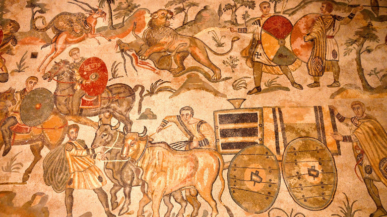 A mosaic scene of exotic animals being captured by Romans at Villa Romana del Casale