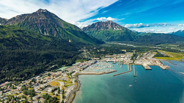 aerial view of Seward with ocean and mountains