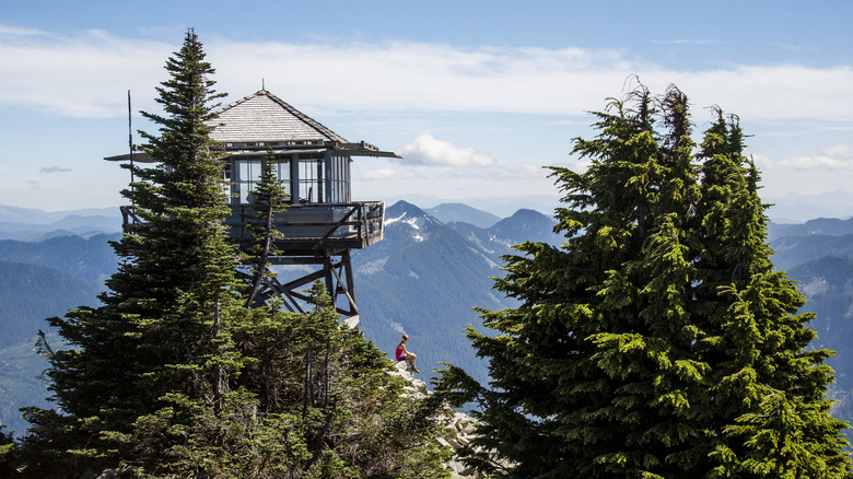fire lookout over mountains and trees