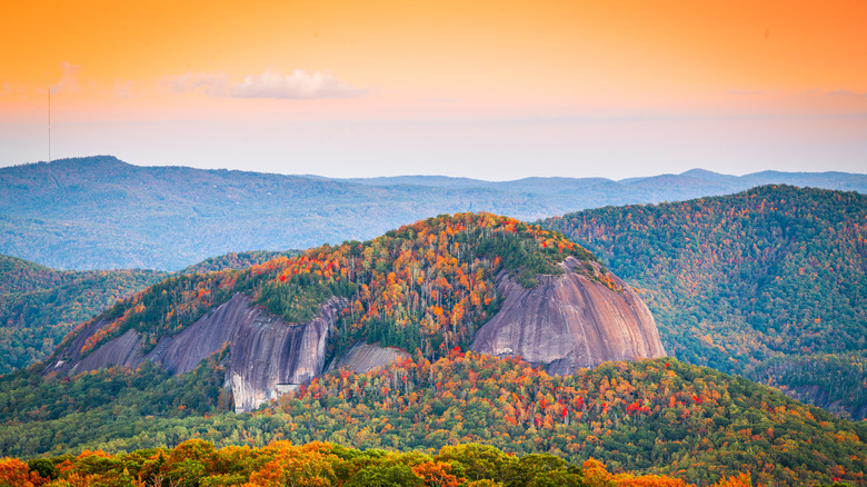 the lovely peaks of Pisgah National Forest in front of orange sky
