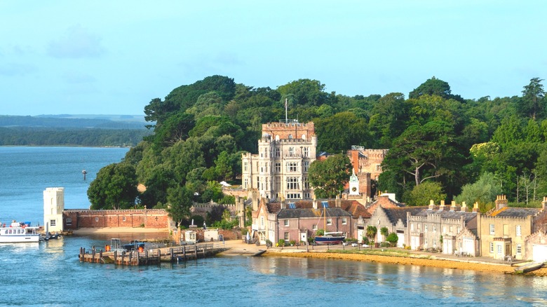 Victorian-style castle and buildings along the shore of an island