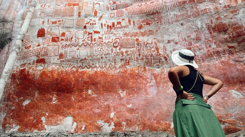 Traveler looking up at red rock paintings