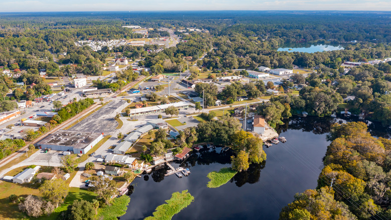 An aerial view of Dunnellon, Florida, next to the Withlacoochee River.