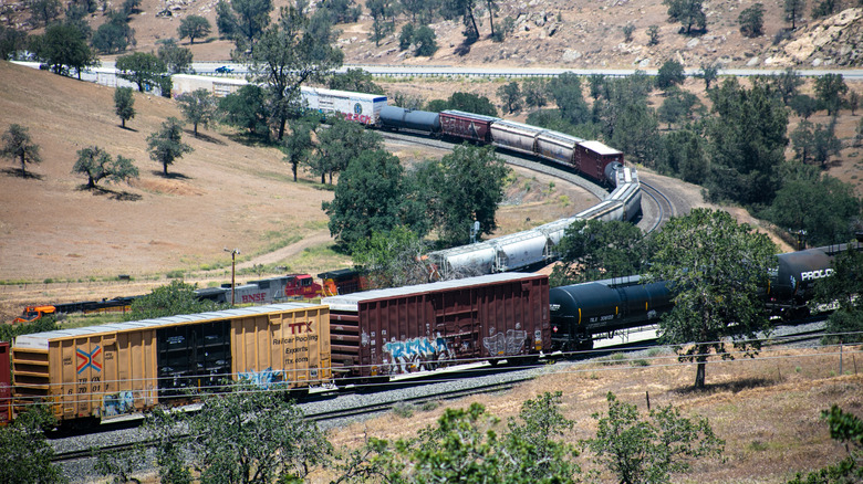 Tehachapi Loop where trains are crossing together.