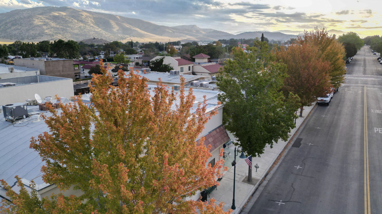 An aerial view of the city of Tehachapi amid fall trees.