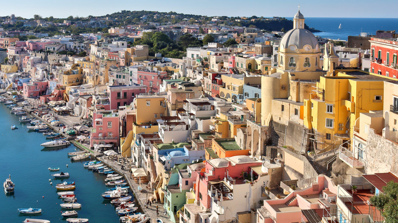 Pastel-colored houses on the waterfront on Procida island