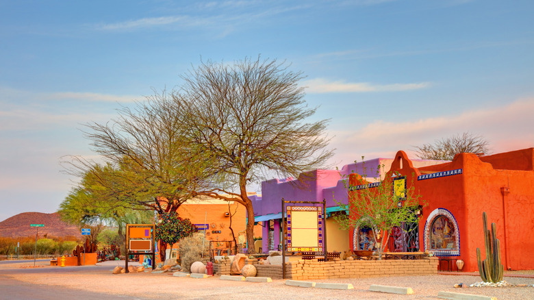 Colorful Spanish Mission buildings line the streets of Tubac, Arizona.