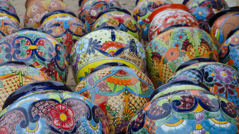 Colorfully-painted ceramics in Tubac.