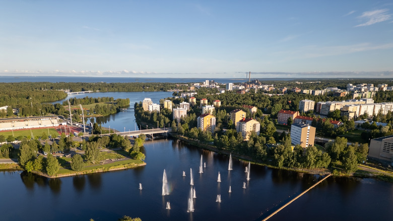 Aerial shot of Oulu city and river