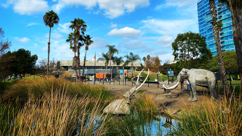 Two mammoth sculptures seen outside of La Brea Tar Pits and Museum in Los Angeles, California