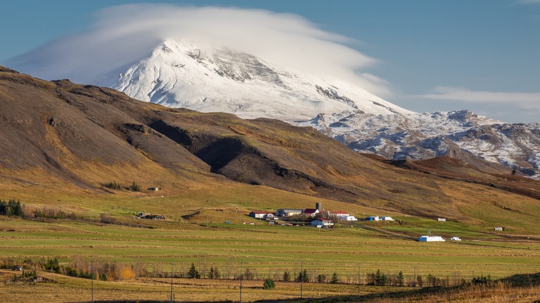 greeen hills with snowy mountain backdrop