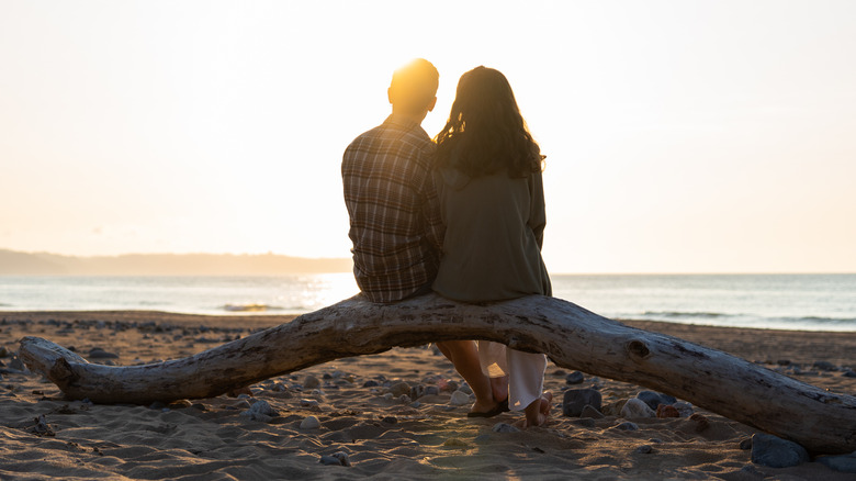 Couple sitting on driftwood at sunset